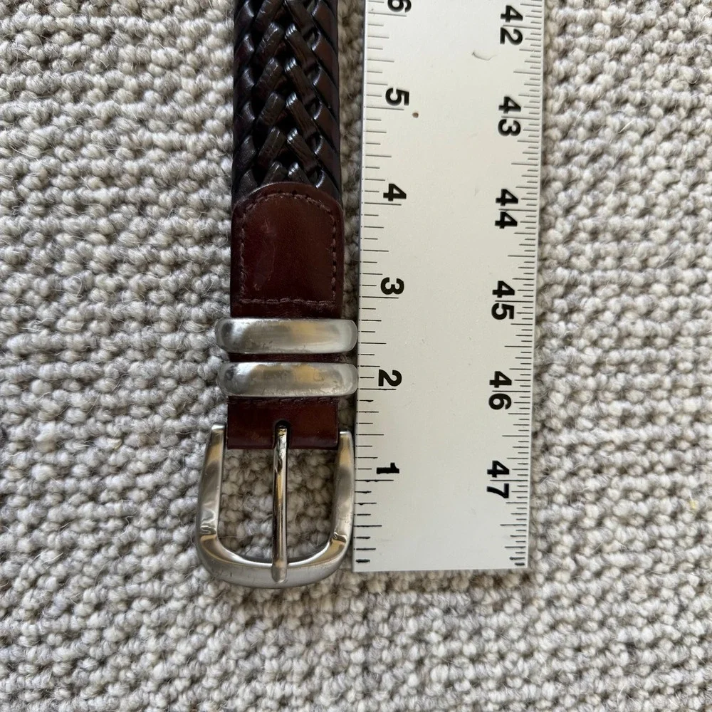 Mens Dark Brown Woven Braided Leather Belt Silver Buckle Metal Tip Size 40